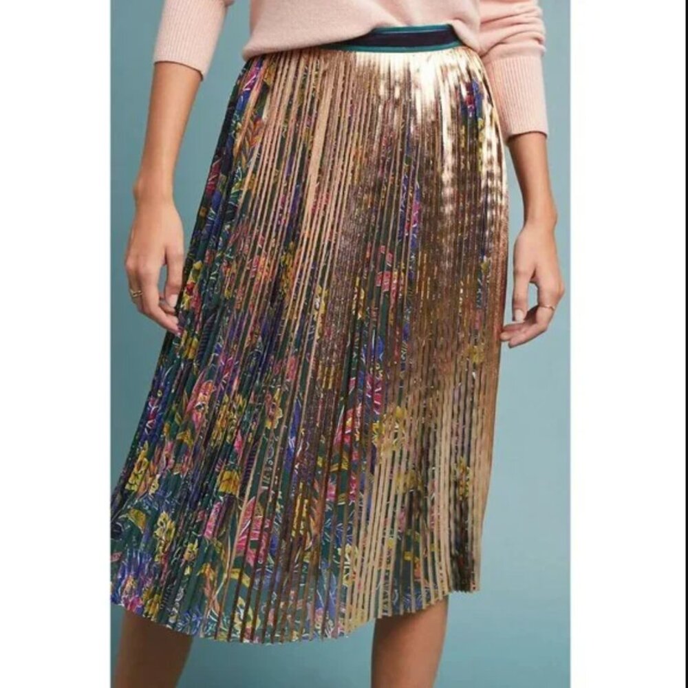 {Maeve by Anthropologie} Metallic Pleated Midi Skirt | Floral Printed Panel ~ 2 - Picture 2 of 16